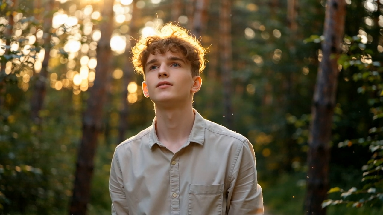 Young man in a sunlit forest created with text to video